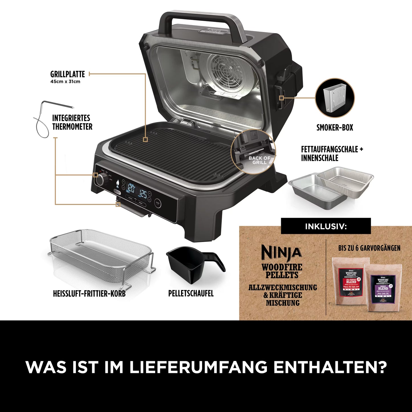 Ninja Woodfire Pro XL Elektrischer Outdoor Grill & Smoker mit Smart Cook System