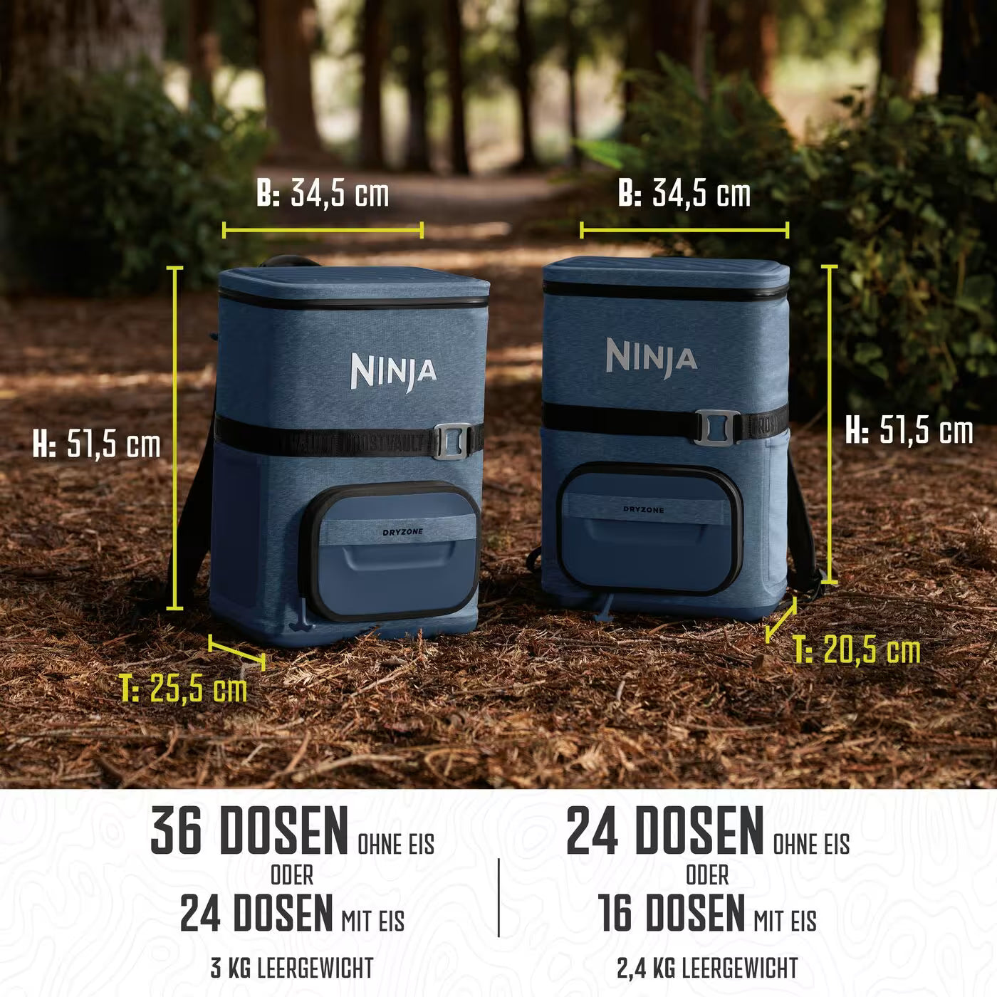Ninja Outdoor FrostVault Go flexibler 17-Liter-Kühlrucksack für 24 Dosen mit kalter Trockenzone, Marineblau