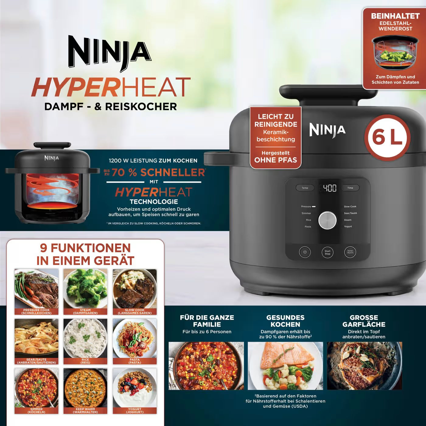 Ninja HyperHeat 9-in-1 Schnellkochtopf und Reiskocher mit 6 Liter Fassungsvermögen