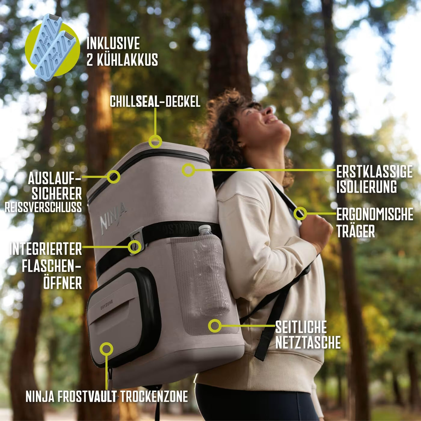 Ninja Outdoor FrostVault Go flexibler 17-Liter-Kühlrucksack für 24 Dosen mit kalter Trockenzone, Sandbeige