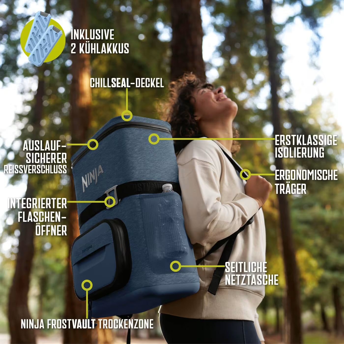 Ninja Outdoor FrostVault Go flexibler 17-Liter-Kühlrucksack für 24 Dosen mit kalter Trockenzone, Marineblau