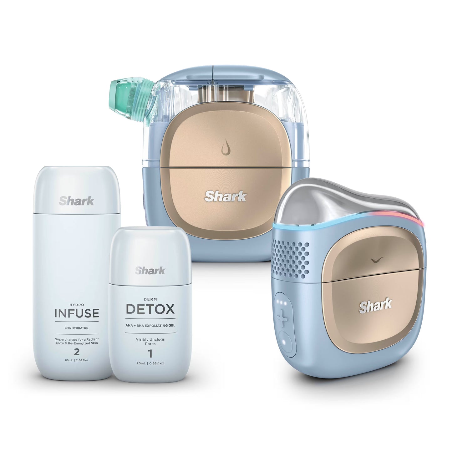 Shark FacialPro Glow + DePuffi Hydro-Powered Facial System für zu Hause – Spa Blau