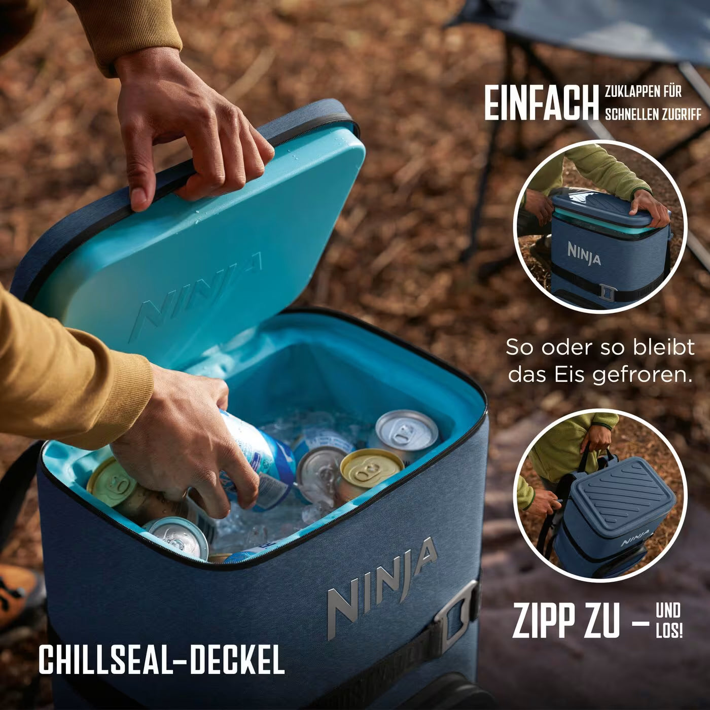 Ninja Outdoor FrostVault Go flexibler 17-Liter-Kühlrucksack für 24 Dosen mit kalter Trockenzone, Marineblau
