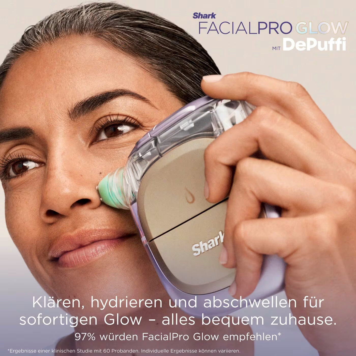 Shark FacialPro Glow + DePuffi Hydro-Powered Facial System für zu Hause – Spa Purple