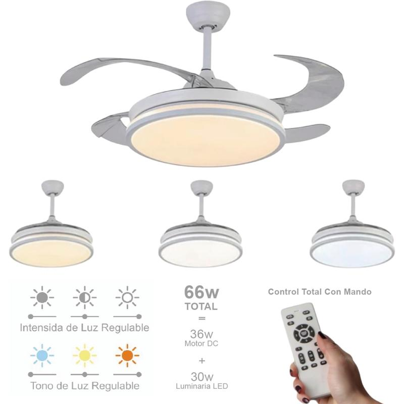 72W ceiling fan with 36W LED light + 36W DC, featuring 3 light temperature settings and a remote control
