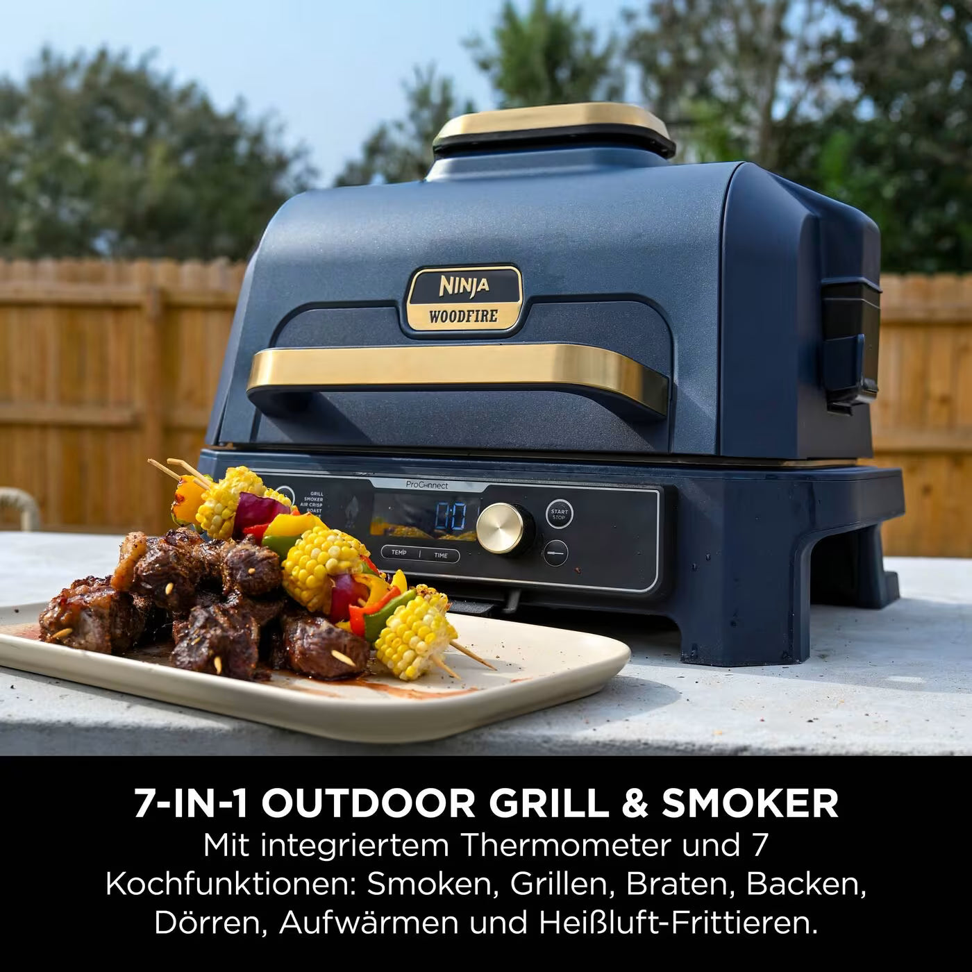 Ninja Woodfire Pro Connect XL Elektrischer Outdoor Grill & Smoker mit Abdeckung – Blau & Gold