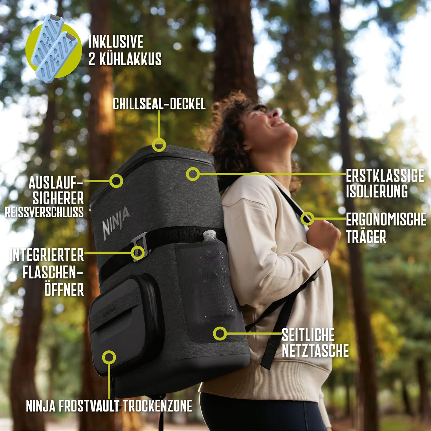Ninja Outdoor FrostVault Go flexibler 17-Liter-Kühlrucksack für 24 Dosen mit kalter Trockenzone, Anthrazitgrau