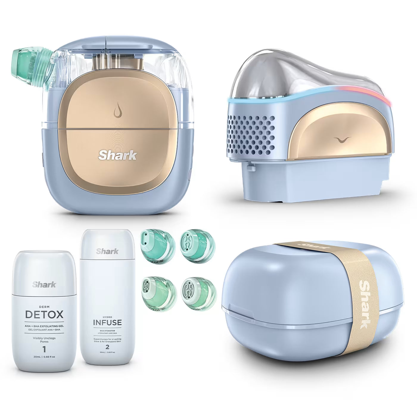 Shark FacialPro Glow + DePuffi Hydro-Powered Facial System für zu Hause – Spa Blau
