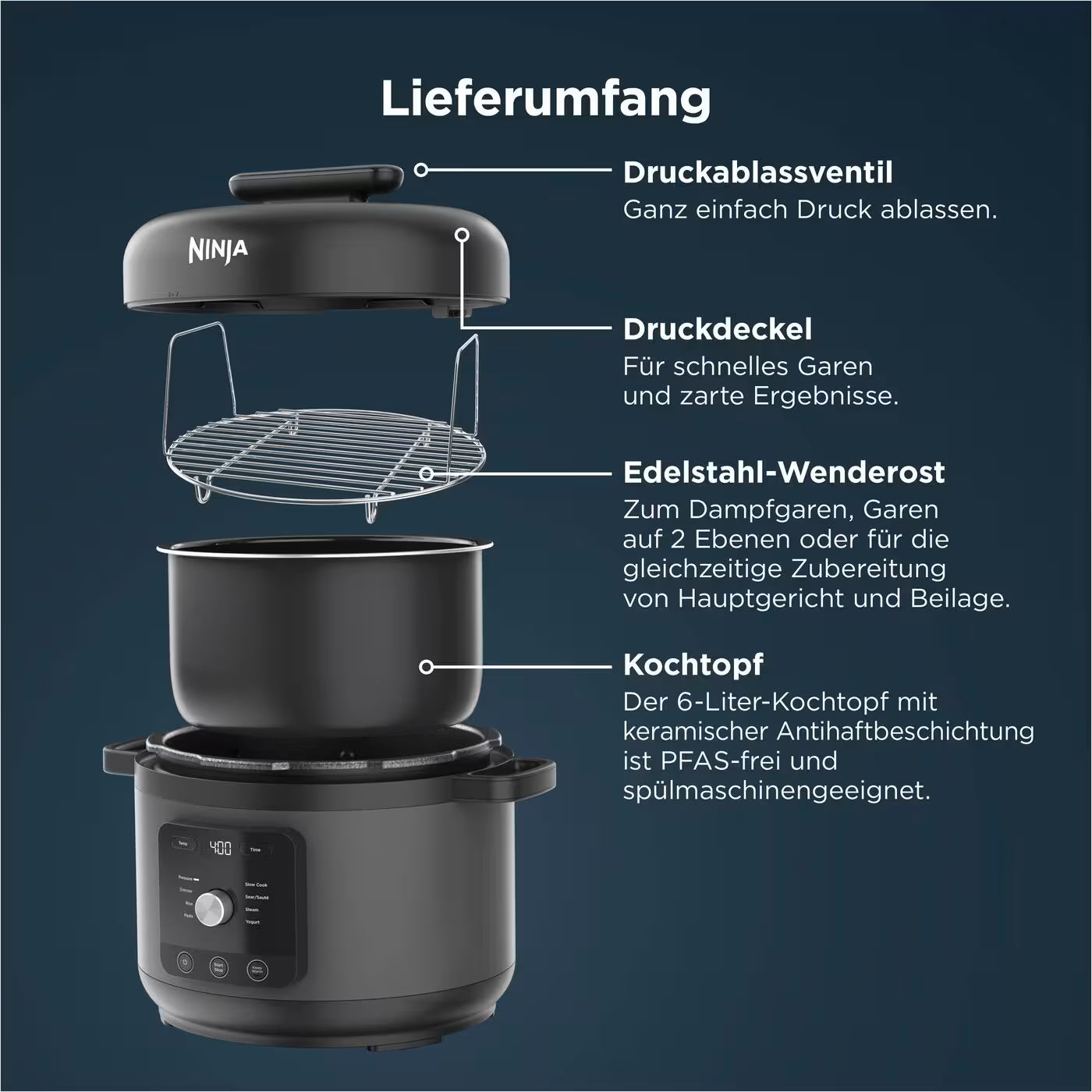 Ninja HyperHeat 9-in-1 Schnellkochtopf und Reiskocher mit 6 Liter Fassungsvermögen