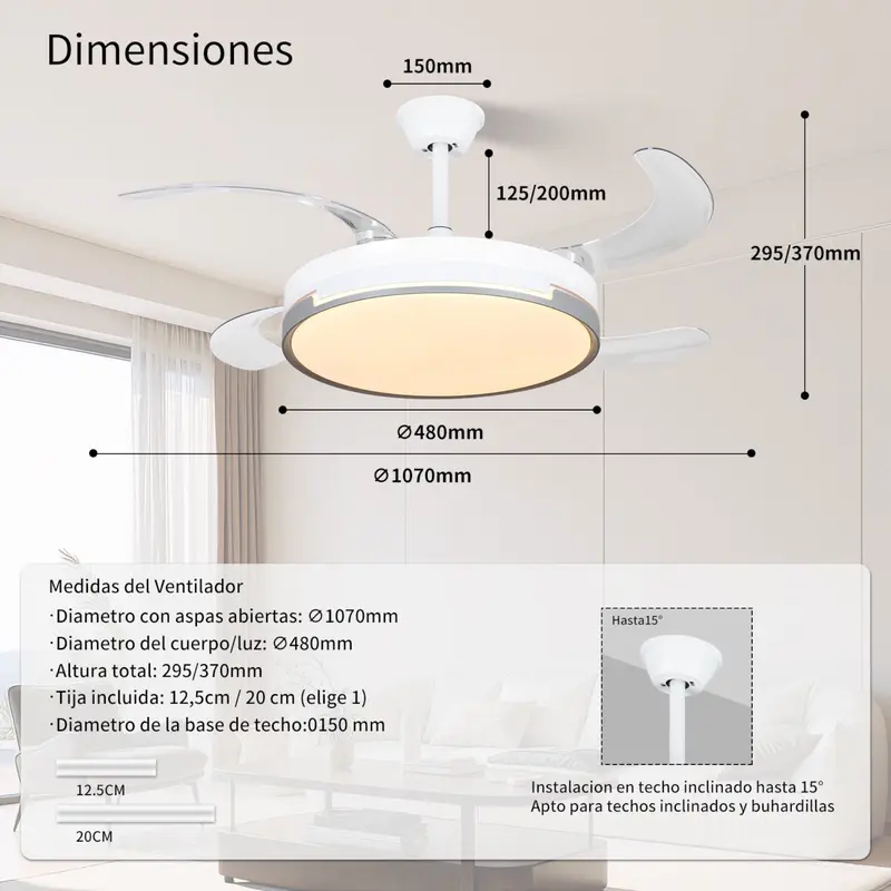 72W ceiling fan with 36W LED light + 36W DC, featuring 3 light temperature settings and a remote control